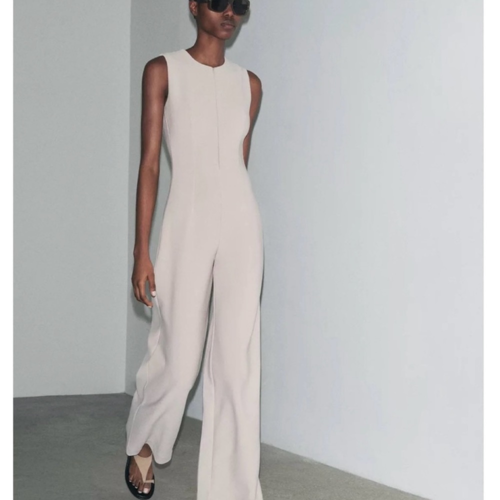 Zara Cream Wide-Leg Jumpsuit with Modern Silhouette